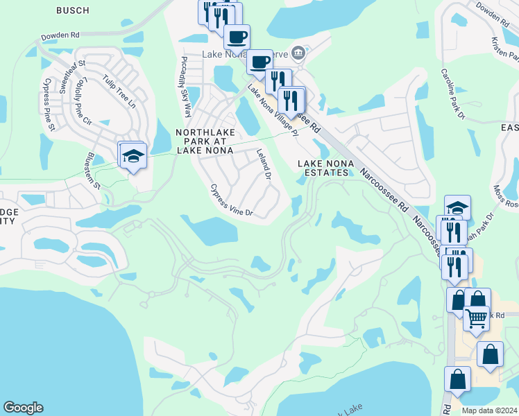 map of restaurants, bars, coffee shops, grocery stores, and more near 9320 Green Dragon Street in Orlando