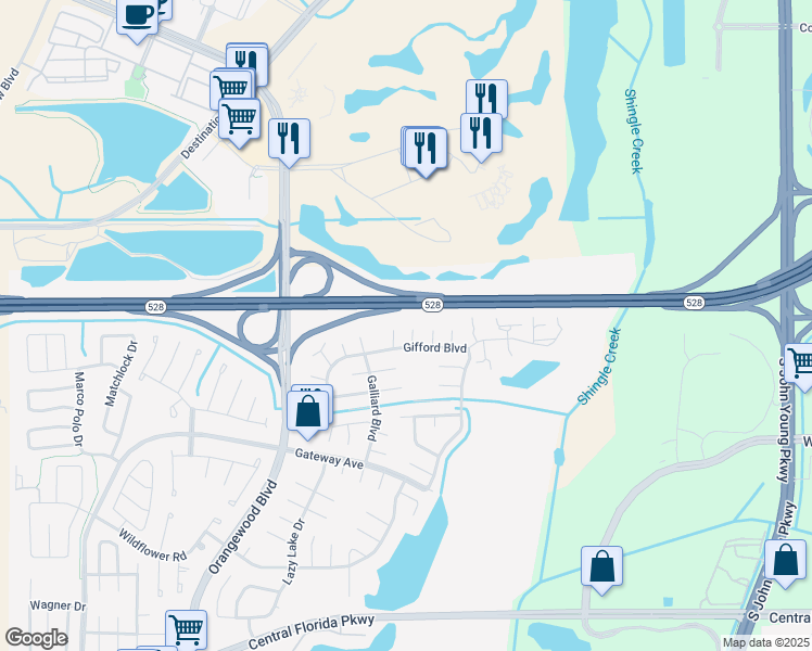 map of restaurants, bars, coffee shops, grocery stores, and more near 10012 Granite Lane in Orlando