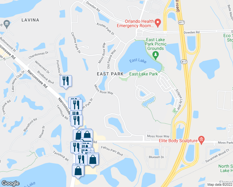 map of restaurants, bars, coffee shops, grocery stores, and more near 10185 Moss Rose Way in Orlando