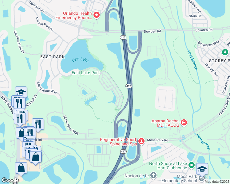 map of restaurants, bars, coffee shops, grocery stores, and more near 10319 Winding Marsh Trail in Orlando