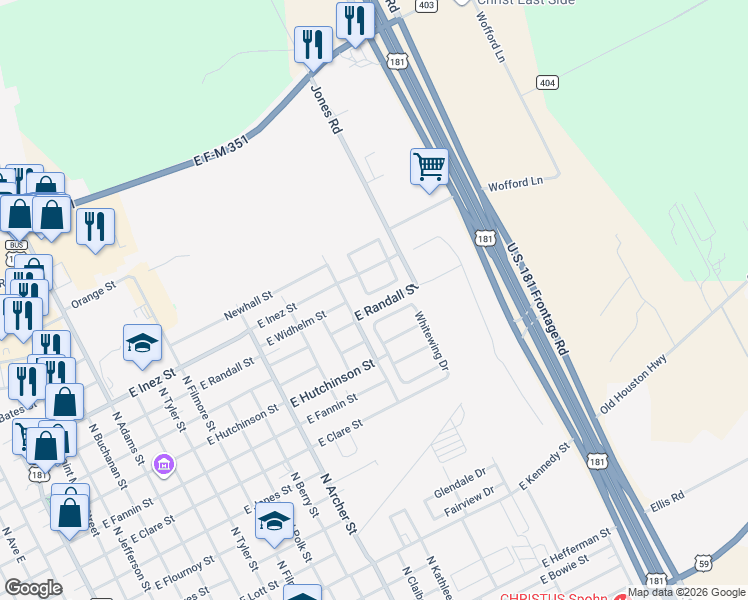 map of restaurants, bars, coffee shops, grocery stores, and more near 1402 Palo Blanco Circle in Beeville