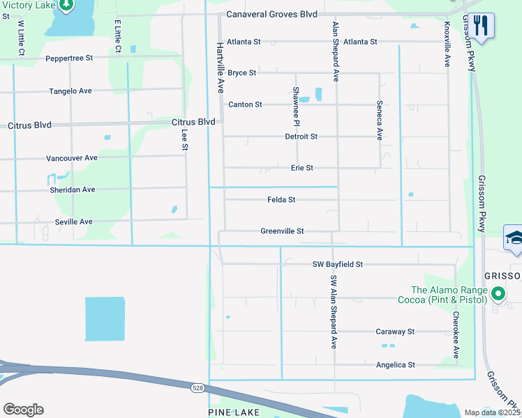 map of restaurants, bars, coffee shops, grocery stores, and more near 3735 Felda Street in Cocoa