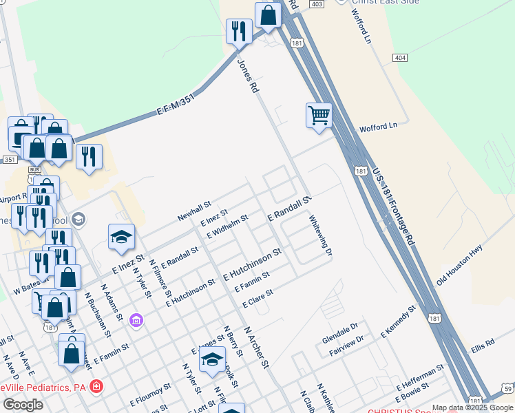 map of restaurants, bars, coffee shops, grocery stores, and more near 1209 East Widhelm Street in Beeville