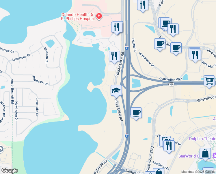 map of restaurants, bars, coffee shops, grocery stores, and more near 10200 Turkey Lake Road in Orlando
