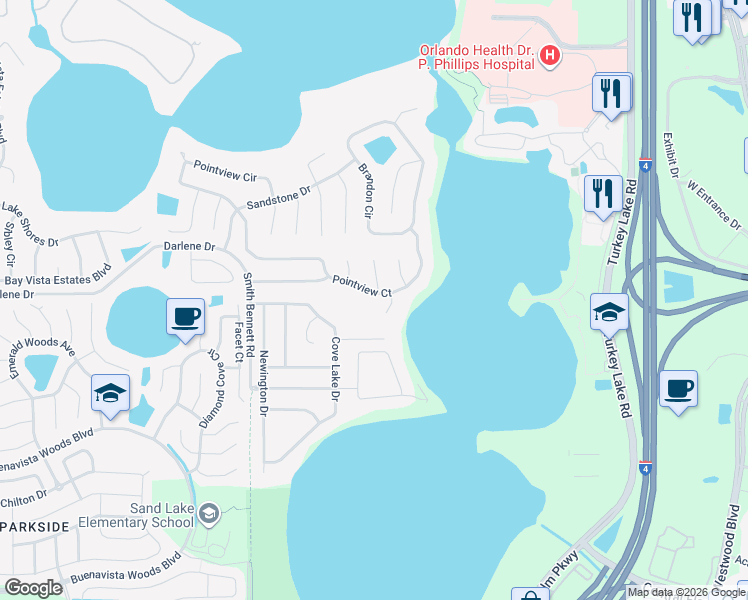 map of restaurants, bars, coffee shops, grocery stores, and more near 10324 Pointview Court in Orlando