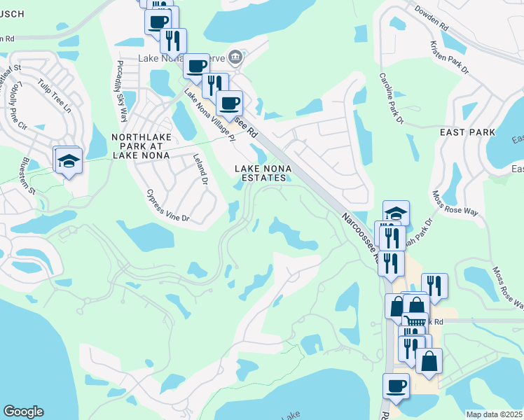 map of restaurants, bars, coffee shops, grocery stores, and more near 9608 Tavistock Road in Orlando