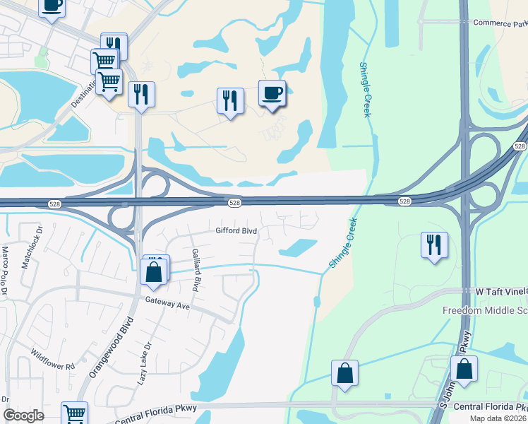 map of restaurants, bars, coffee shops, grocery stores, and more near 10019 Bynum Court in Orlando