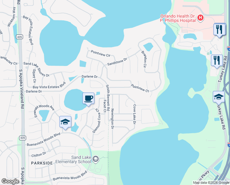 map of restaurants, bars, coffee shops, grocery stores, and more near 10021 Cove Lake Drive in Orlando