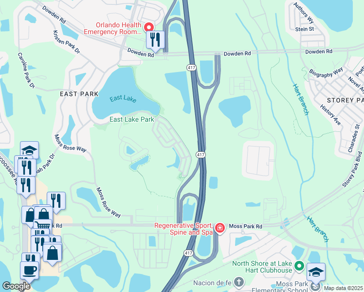 map of restaurants, bars, coffee shops, grocery stores, and more near 10319 Winding Marsh Trail in Orlando
