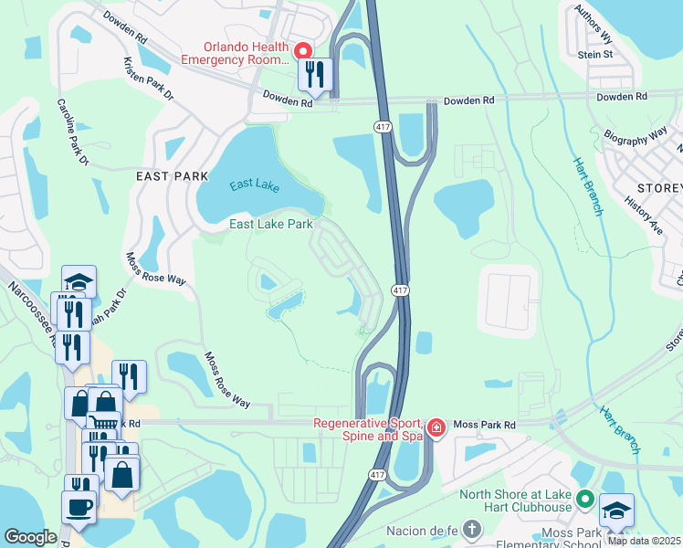 map of restaurants, bars, coffee shops, grocery stores, and more near 10319 Winding Marsh Trail in Orlando