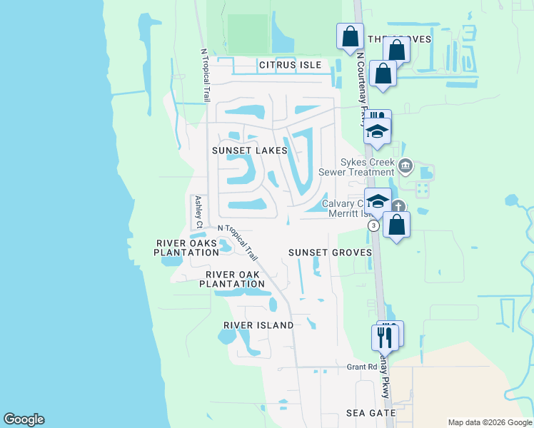 map of restaurants, bars, coffee shops, grocery stores, and more near 3502 Tipperary Drive in Merritt Island