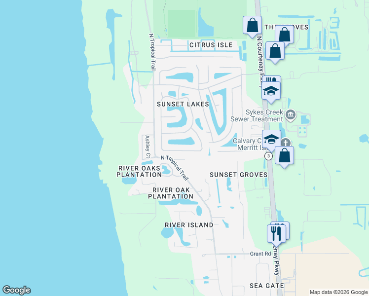 map of restaurants, bars, coffee shops, grocery stores, and more near 3431 Tipperary Drive in Merritt Island