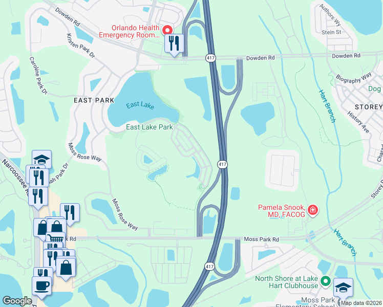 map of restaurants, bars, coffee shops, grocery stores, and more near 10319 Winding Marsh Trail in Orlando