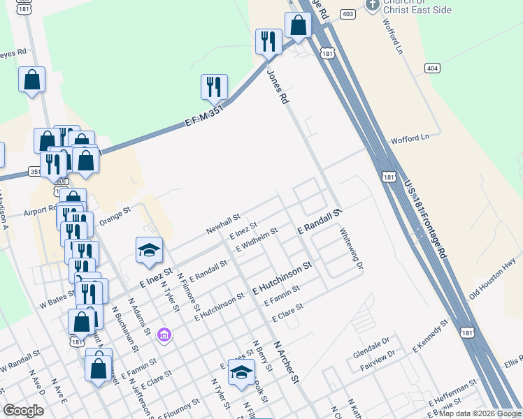 map of restaurants, bars, coffee shops, grocery stores, and more near 1105 East Inez Street in Beeville