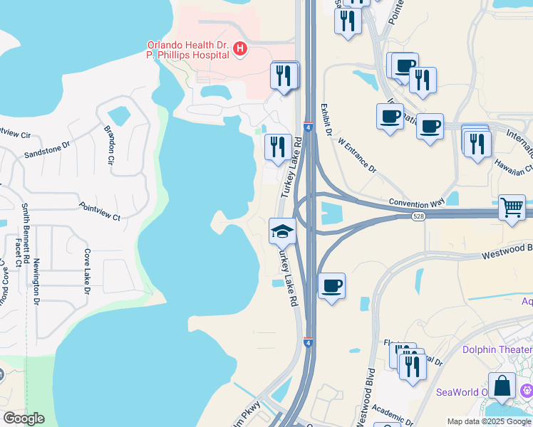 map of restaurants, bars, coffee shops, grocery stores, and more near 10200 Turkey Lake Road in Orlando
