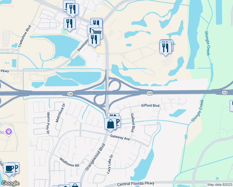 map of restaurants, bars, coffee shops, grocery stores, and more near Martin Andersen Beachline Expressway in Orlando