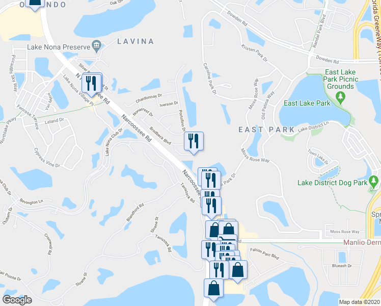 map of restaurants, bars, coffee shops, grocery stores, and more near 9950 Portofino Drive in Orlando