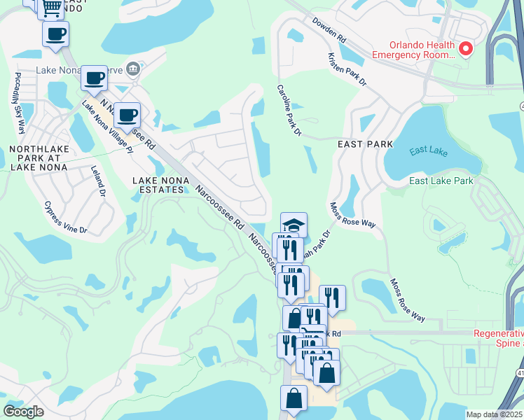 map of restaurants, bars, coffee shops, grocery stores, and more near 9934 Portofino Drive in Orlando