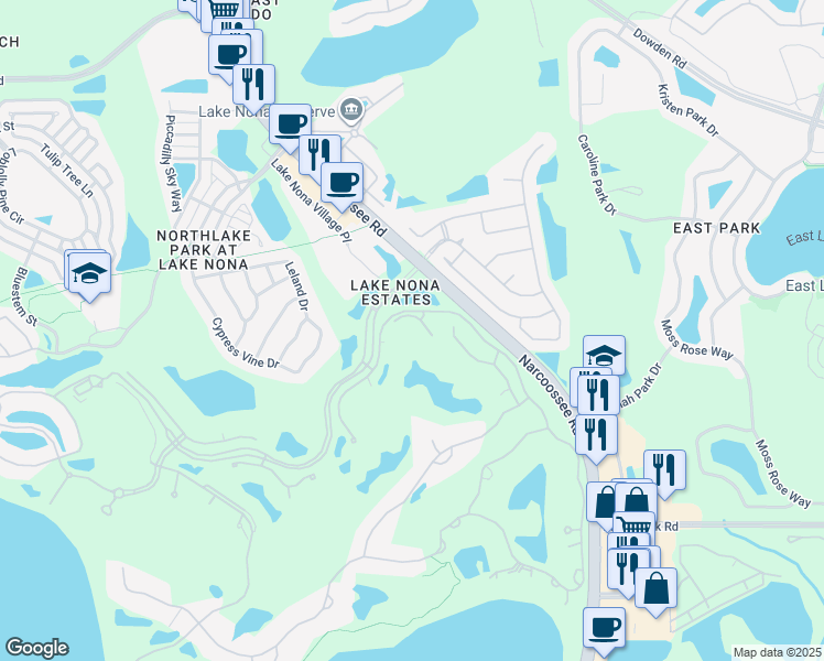 map of restaurants, bars, coffee shops, grocery stores, and more near 9608 Tavistock Road in Orlando