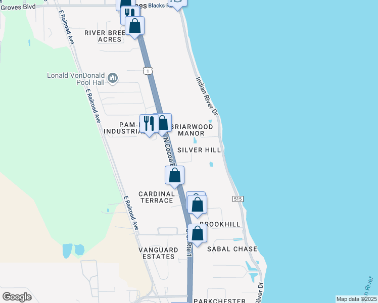 map of restaurants, bars, coffee shops, grocery stores, and more near 120 Silver Hill Lane in Cocoa