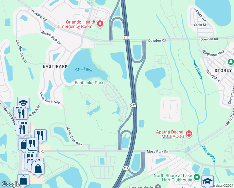 map of restaurants, bars, coffee shops, grocery stores, and more near 10760 Dawson Lily Way in Orlando
