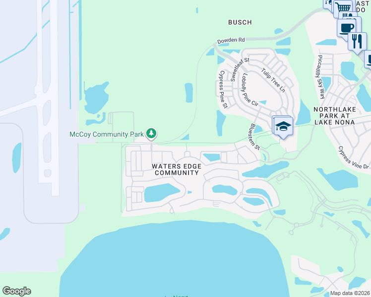 map of restaurants, bars, coffee shops, grocery stores, and more near 10052 Kimble Field Way in Orlando
