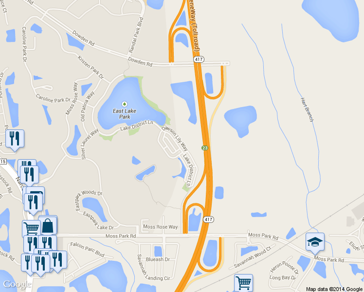 map of restaurants, bars, coffee shops, grocery stores, and more near 10760 Dawson Lily Way in Orlando