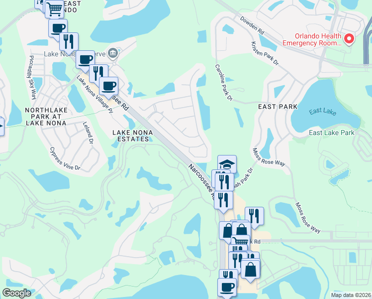 map of restaurants, bars, coffee shops, grocery stores, and more near 10029 Brodbeck Boulevard in Orlando