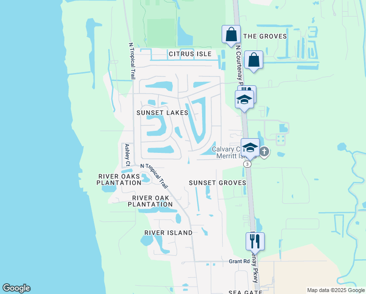 map of restaurants, bars, coffee shops, grocery stores, and more near 3581 Tipperary Drive in Merritt Island