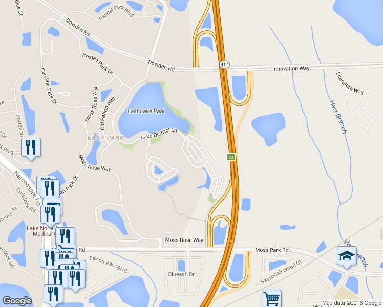 map of restaurants, bars, coffee shops, grocery stores, and more near 10230 Cala Lily Trail in Orlando