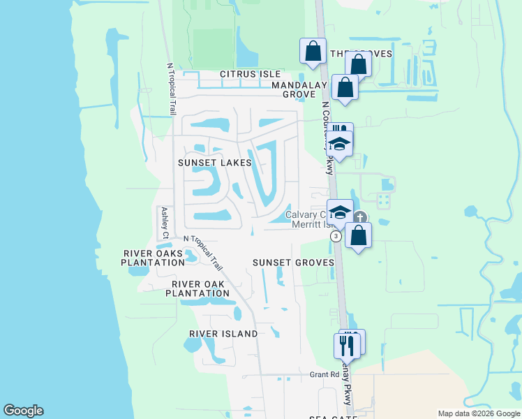 map of restaurants, bars, coffee shops, grocery stores, and more near 3605 Starlight Avenue in Merritt Island