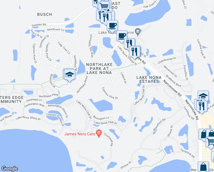 map of restaurants, bars, coffee shops, grocery stores, and more near 10007 Fenrose Terrace in Orlando