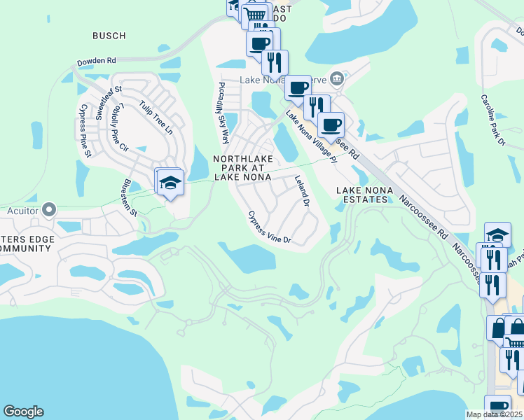 map of restaurants, bars, coffee shops, grocery stores, and more near 10007 Fenrose Terrace in Orlando