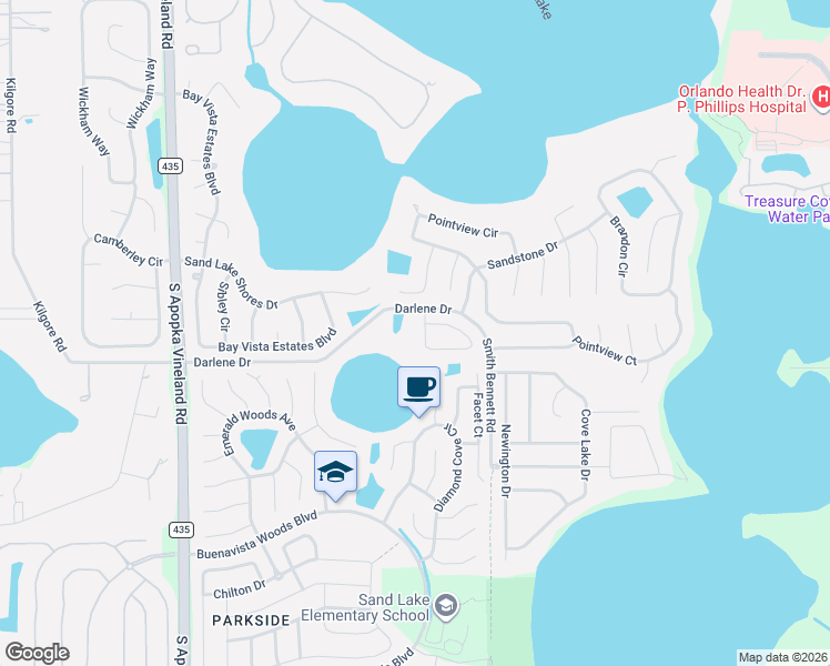 map of restaurants, bars, coffee shops, grocery stores, and more near 8400 Darlene Drive in Orlando