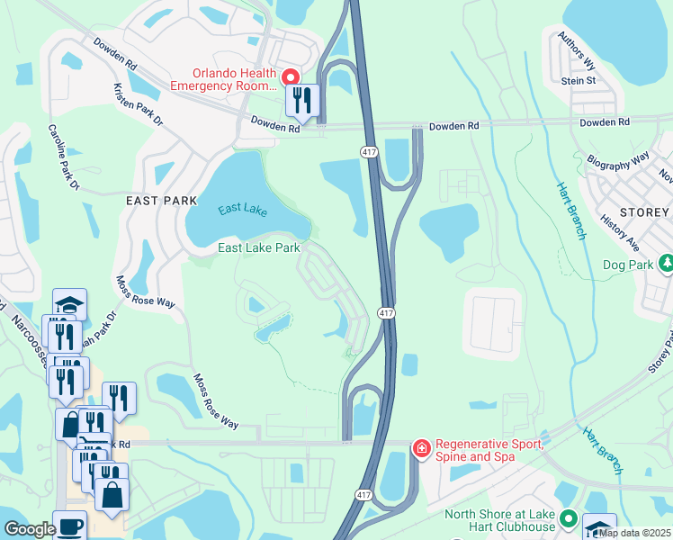 map of restaurants, bars, coffee shops, grocery stores, and more near 10760 Dawson Lily Way in Orlando