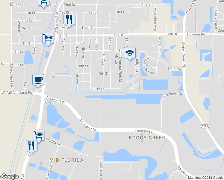 map of restaurants, bars, coffee shops, grocery stores, and more near 9951 8th Avenue in Orlando