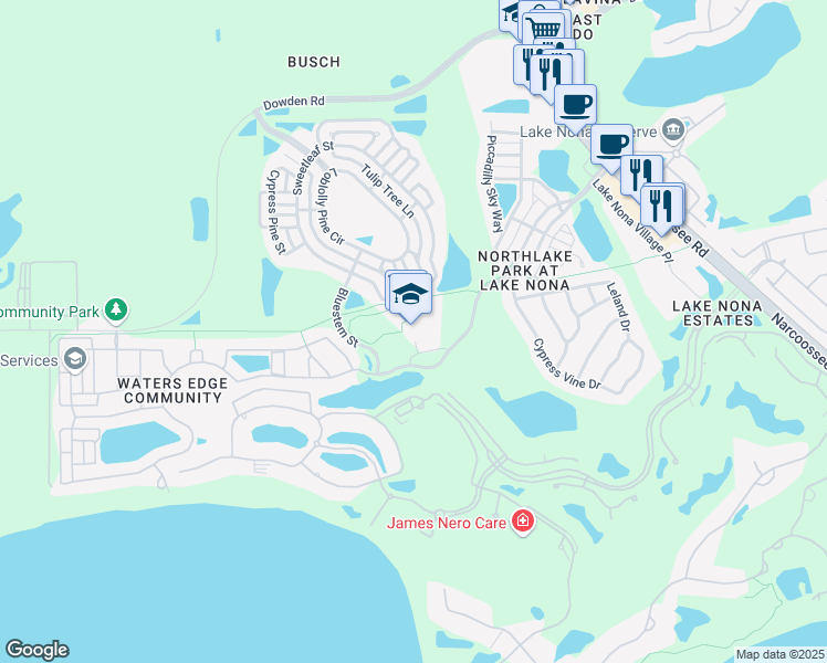 map of restaurants, bars, coffee shops, grocery stores, and more near 9055 Northlake Parkway in Orlando
