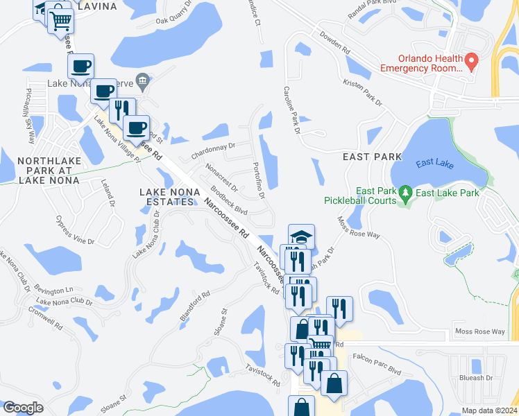 map of restaurants, bars, coffee shops, grocery stores, and more near 10069 Brodbeck Boulevard in Orlando