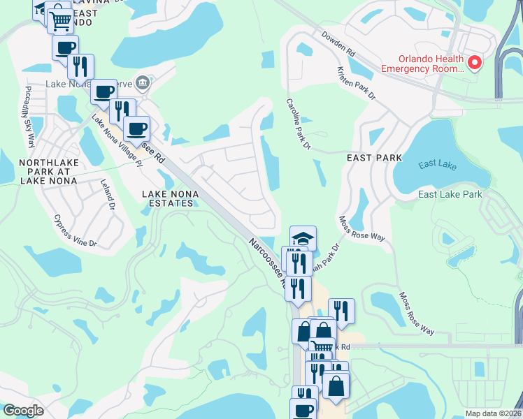 map of restaurants, bars, coffee shops, grocery stores, and more near 9877 Portofino Drive in Orlando