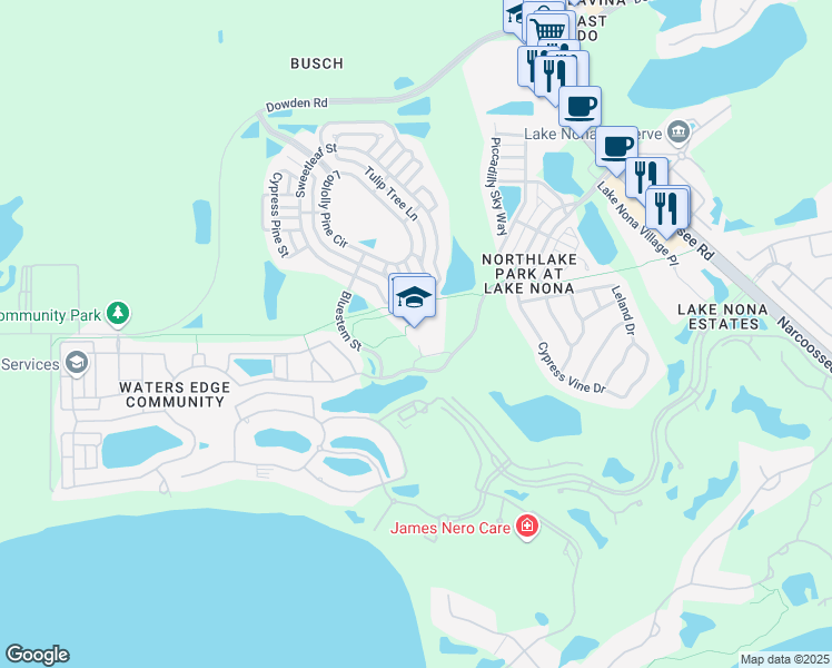 map of restaurants, bars, coffee shops, grocery stores, and more near 9055 Northlake Parkway in Orlando