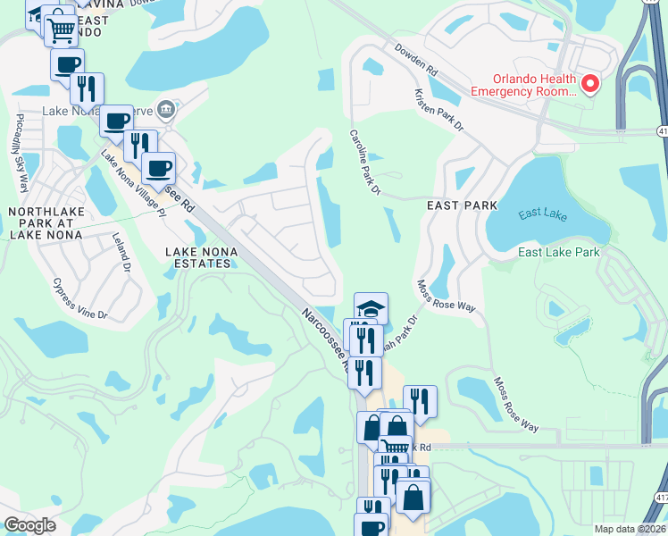 map of restaurants, bars, coffee shops, grocery stores, and more near 9877 Portofino Drive in Orlando