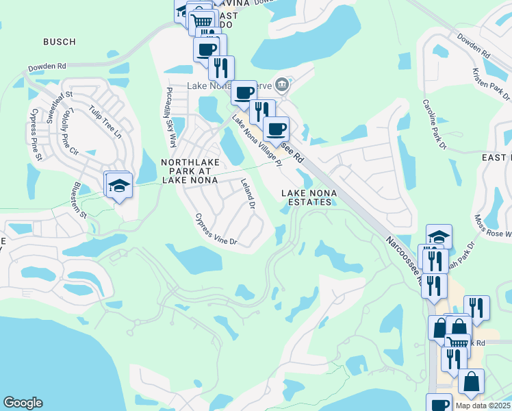 map of restaurants, bars, coffee shops, grocery stores, and more near 10005 Leland Drive in Orlando