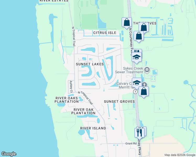 map of restaurants, bars, coffee shops, grocery stores, and more near 3621 Tipperary Drive in Merritt Island