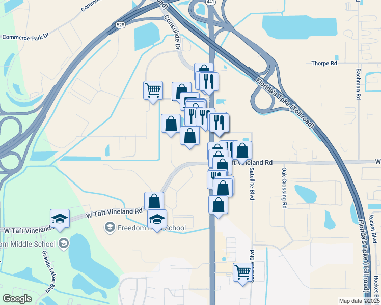 map of restaurants, bars, coffee shops, grocery stores, and more near 9498 South Orange Blossom Trail in Orlando