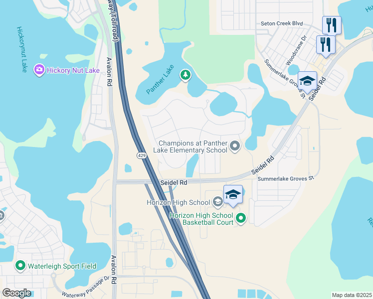 map of restaurants, bars, coffee shops, grocery stores, and more near 8181 Topsail Place in Winter Garden