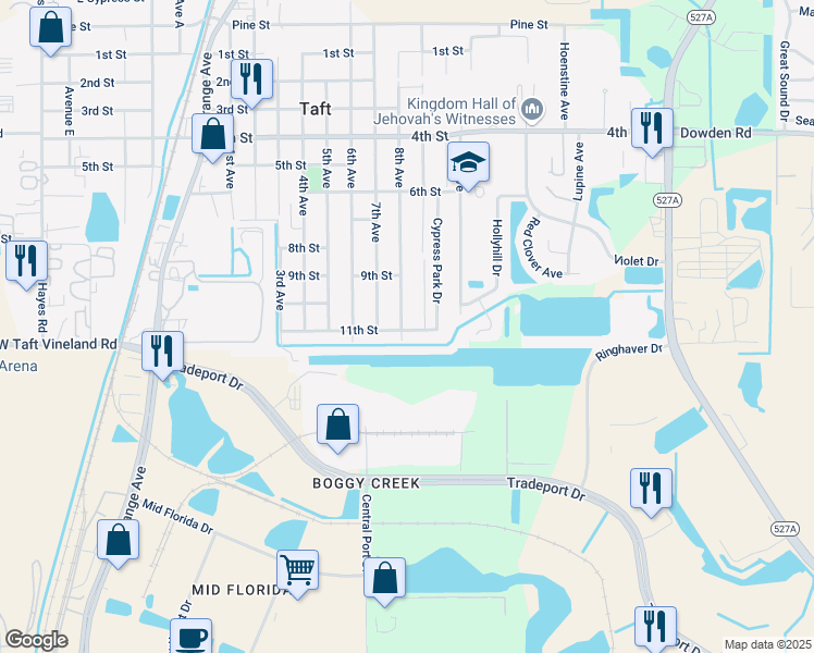 map of restaurants, bars, coffee shops, grocery stores, and more near 9951 8th Avenue in Orlando