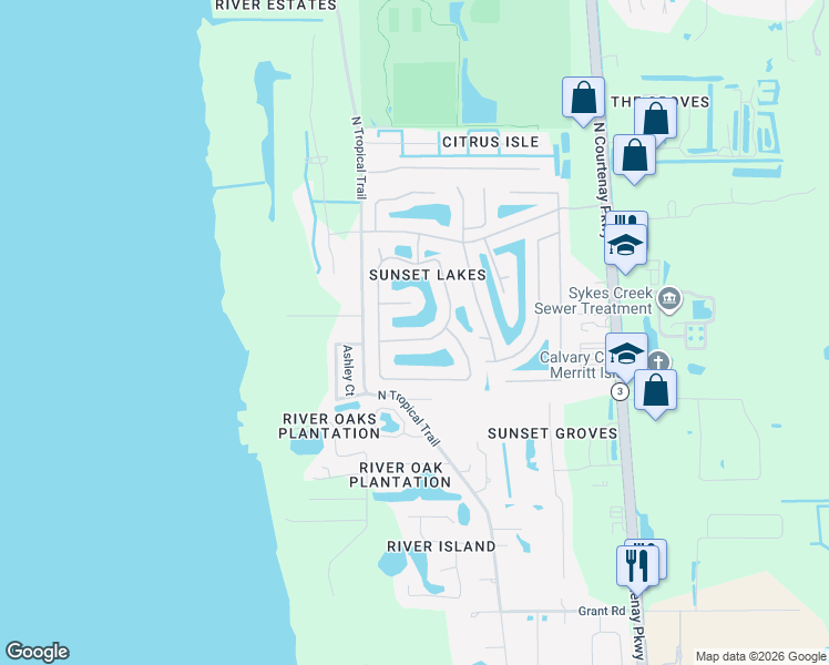map of restaurants, bars, coffee shops, grocery stores, and more near 505 Limerick Drive in Merritt Island