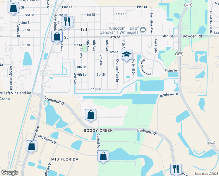 map of restaurants, bars, coffee shops, grocery stores, and more near 9951 8th Avenue in Orlando