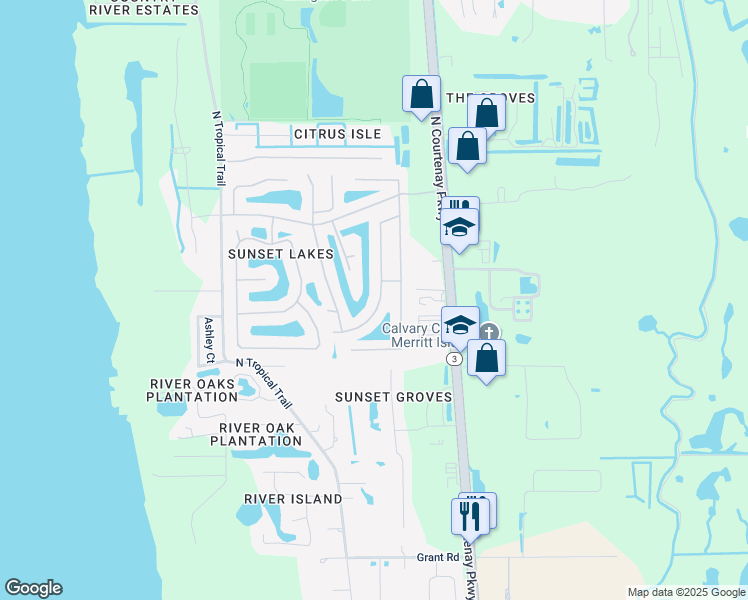 map of restaurants, bars, coffee shops, grocery stores, and more near 3766 Sierra Drive in Merritt Island