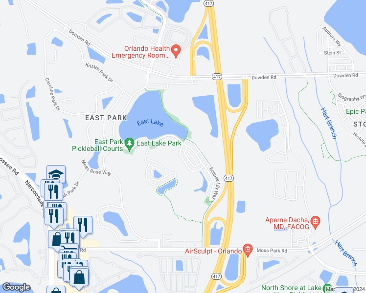 map of restaurants, bars, coffee shops, grocery stores, and more near 10230 Cala Lily Trail in Orlando